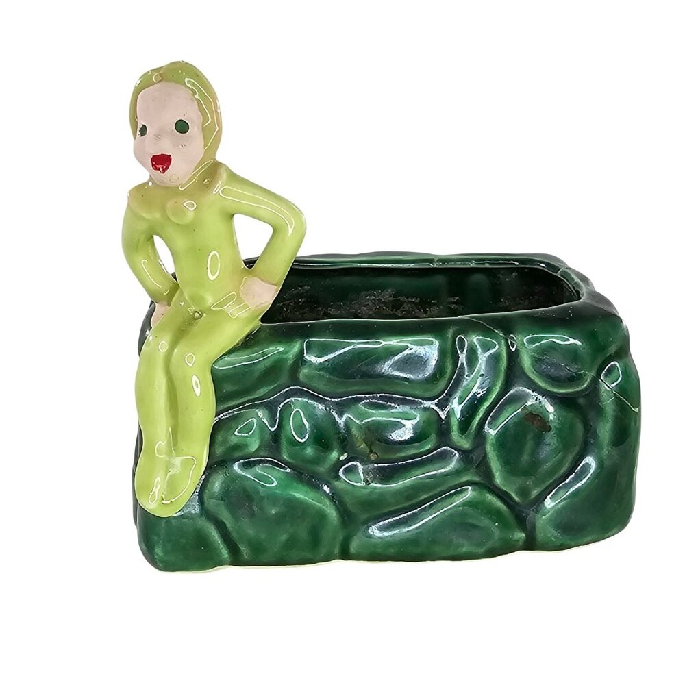 Millesan Drews California Pixie Pottery Planter Green Mid Century AS IS Repaired